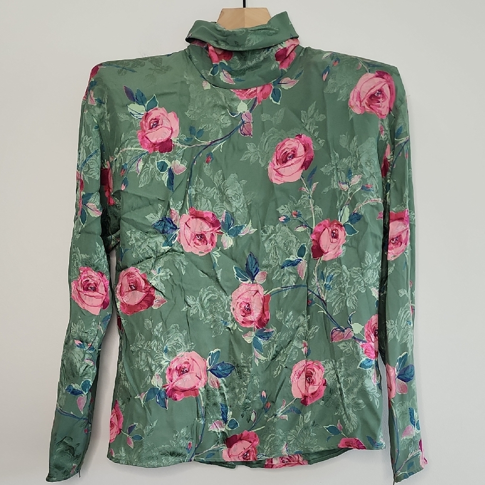Ungaro Floral Print Green Silk Blouse Size 8